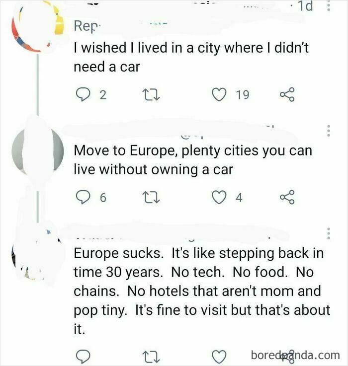 Screenshot of a social media conversation highlighting humorous misunderstandings about Europe and transportation.