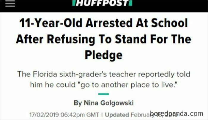 HuffPost headline about an 11-year-old arrested for not standing for the pledge, highlighting American issues.