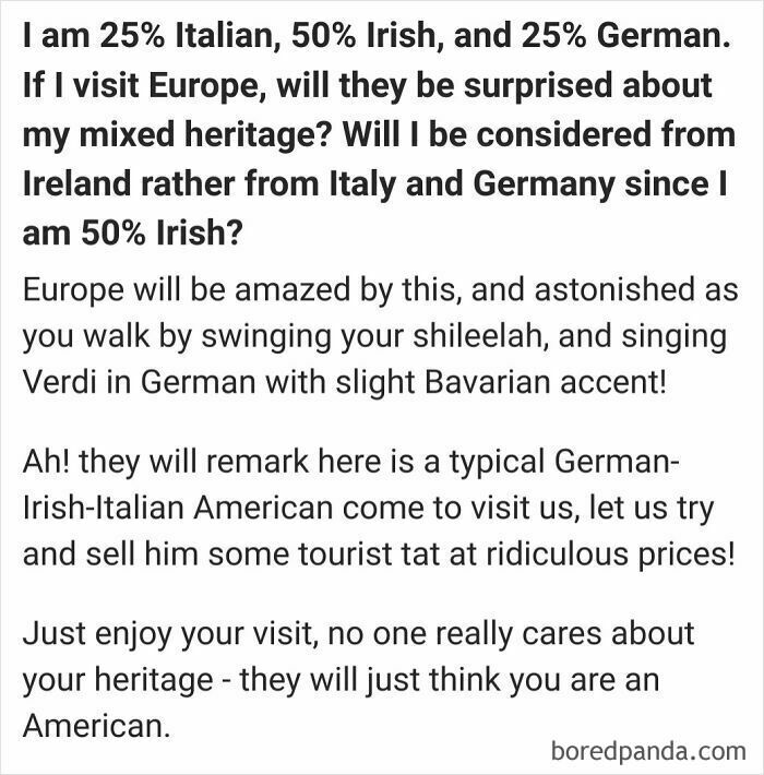 Text screenshot of American wondering if Europeans will notice their mixed heritage, highlighting American stereotypes.