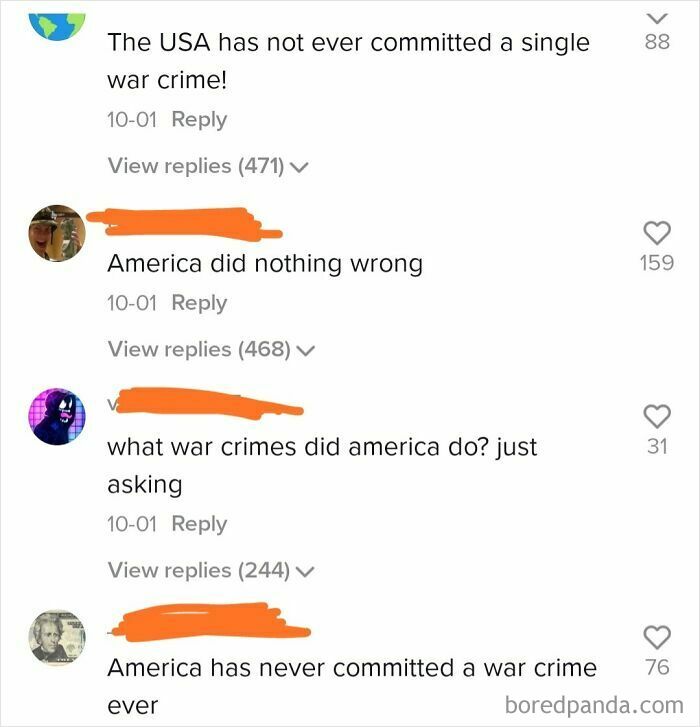 Comments doubting America committing war crimes, showcasing lack of knowledge.