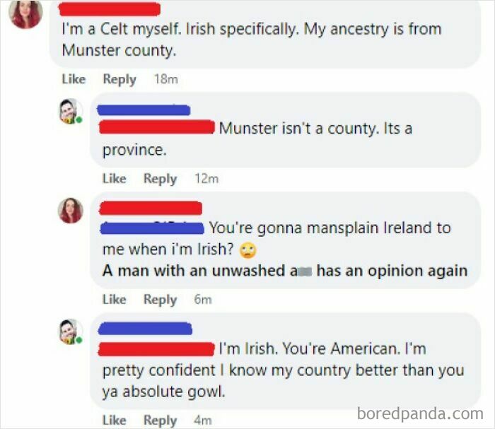 Screenshot of a humorous American misunderstanding Irish geography in a social media comment thread.