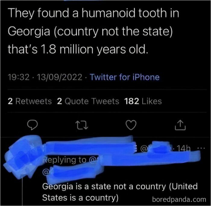 Screenshot of humorous Twitter exchange highlighting American confusion over Georgia as a state vs. a country.