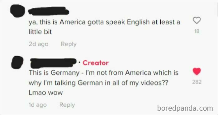 Social media exchange: Commenter insists on speaking English; creator clarifies they're in Germany and speak German.