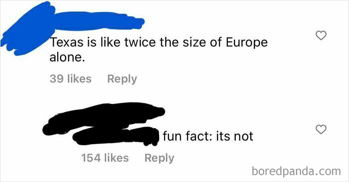 Screenshot highlighting an American's incorrect claim about Texas's size compared to Europe with a correcting response.