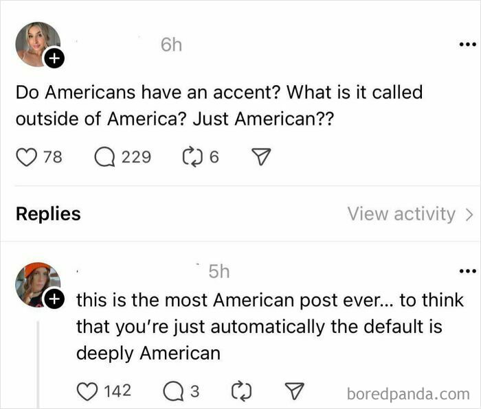 Screenshot highlighting Americans' misconceptions about accents and cultural default.