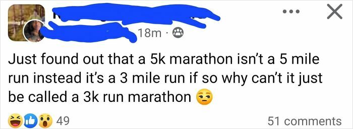 Screenshot of a social media post misunderstanding 5k marathon distance, with confused emoji reaction and 49 likes.