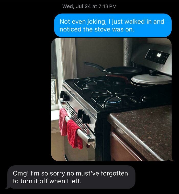 Text exchange about discovering stove left on, highlighting horrible roommates.