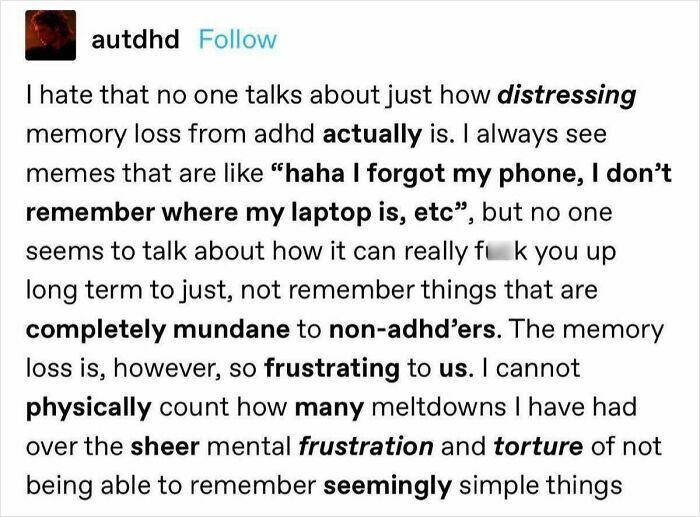 Text post about the distressing memory loss from ADHD, highlighting frustration with mundane forgetfulness.