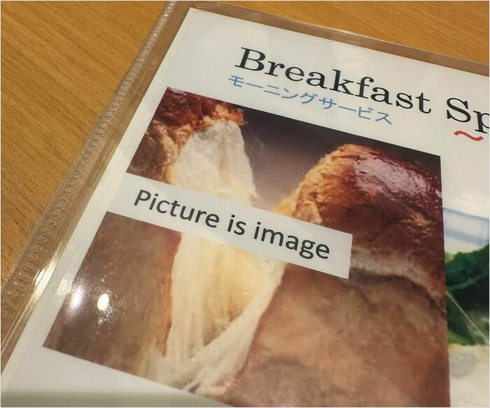 Menu text in Japan humorously reads "Picture is image" under breakfast special photo.