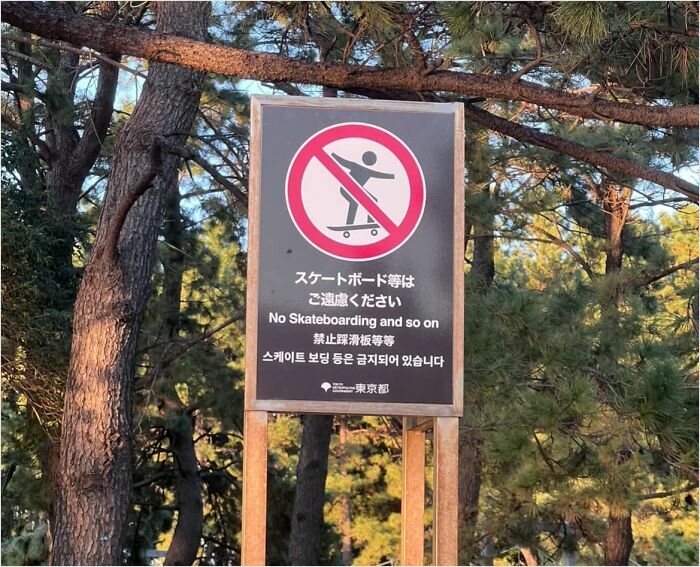 Sign in Japan with text: "No Skateboarding and so on," highlighting translation humor.