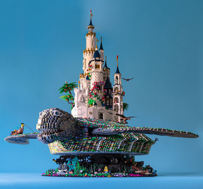 Intricate LEGO build of a castle on a giant turtle, showcasing creative and cool LEGO designs.