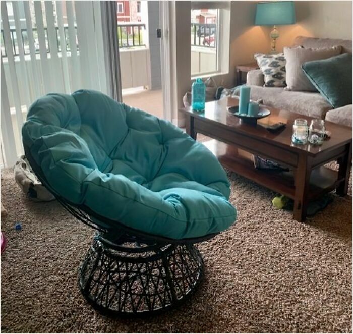 Teal cushioned chair in cozy living room with Amazon furniture and excellent reviews.