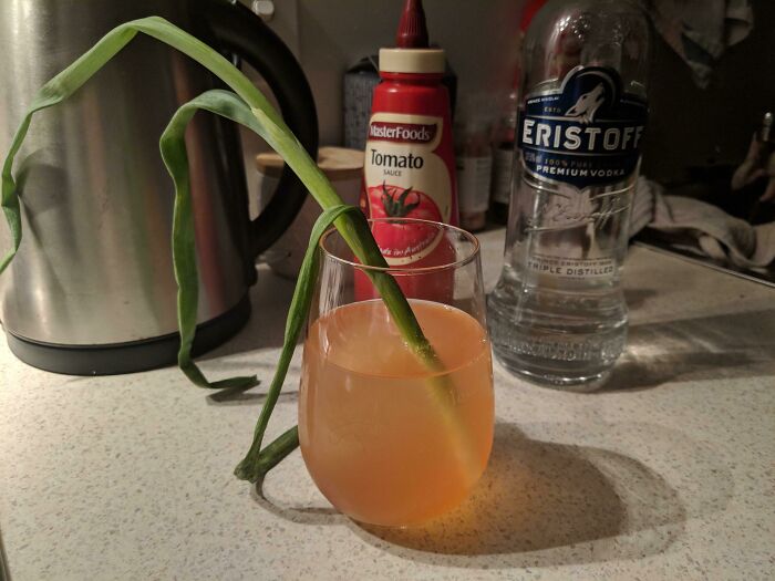 Homemade 'Bloody Mary'. Had No Tomato Juice, So Used Ketchup, Had No Celery, So Used A Spring Onion. Bone Apple Teeth