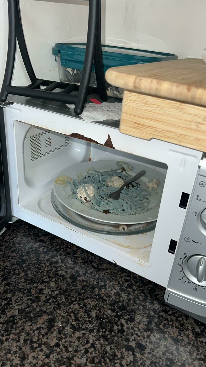 Unhinged food: plate of blue pasta and meatballs in a microwave.