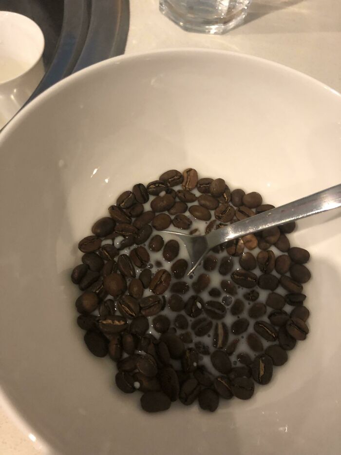 Coffee Beans In Almond Milk ‘Cereal’ Bc The Coffee Machine Broke And I’ve Got My Finals This Week