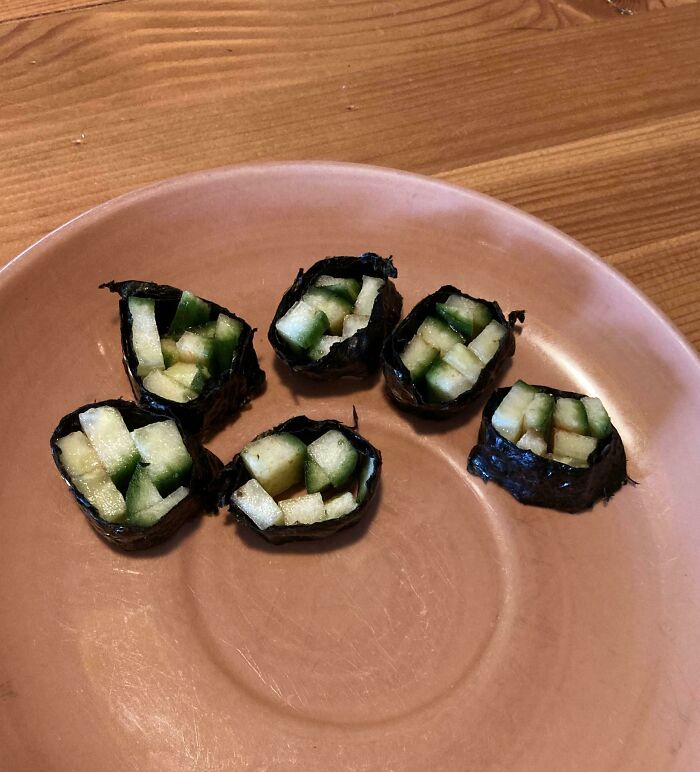 “Sushi” That Is Literally Just Nori Wrapped Around Cucumber And Covered With An Absurd About Of Salt