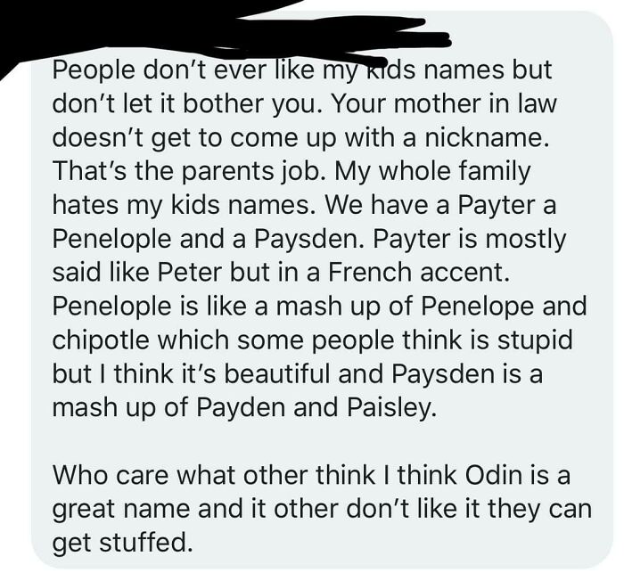 Text conversation about children's names and family opinions, related to ignorant parents.