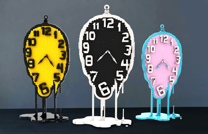 Colorful LEGO builds of melting clocks inspired by Salvador Dali’s art.