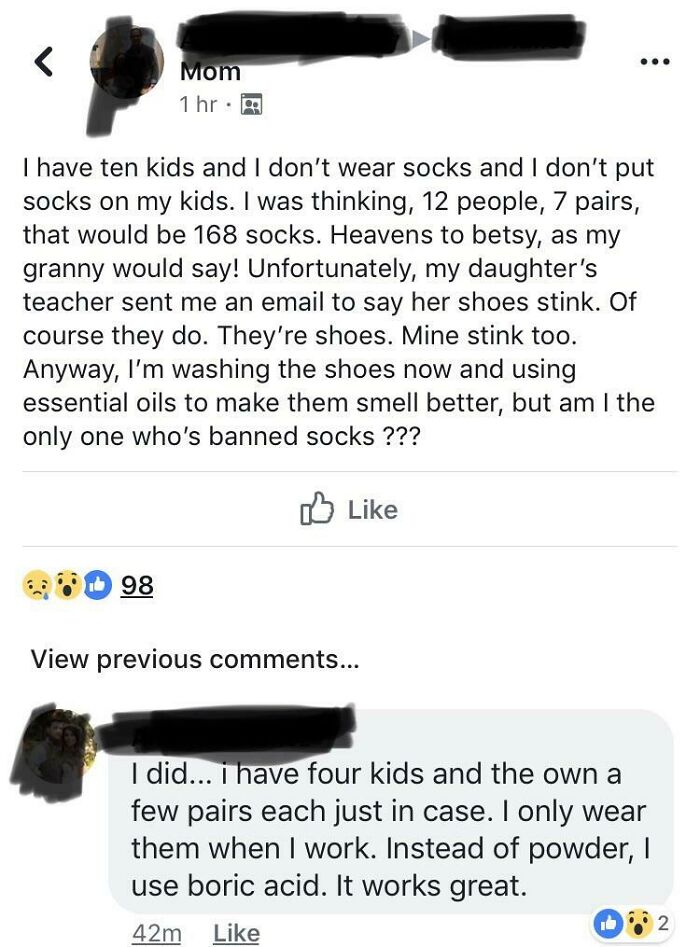 Social media post discussing the challenges of not wearing socks for a large family; humorous take on "ignorant-parents."