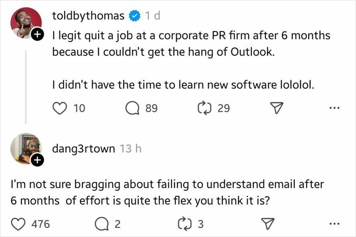 Two social media comments featuring a roast about quitting a job over software struggles in 2024.