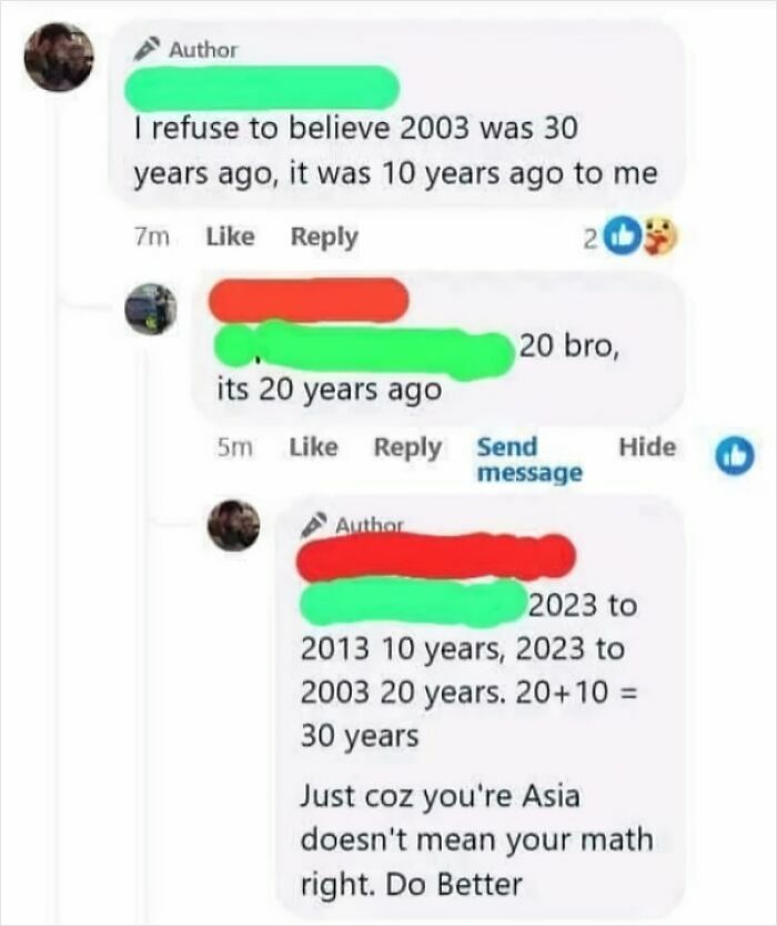 Social media post showcasing real roasts with humorous math miscalculation from 2023 to 2003.