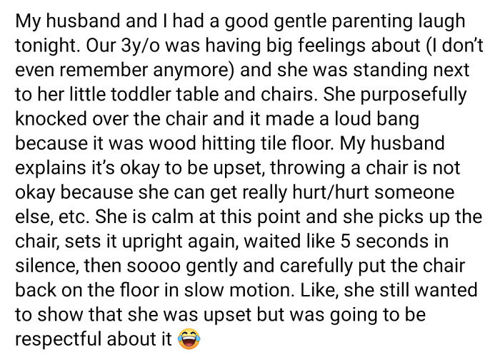 Text about a toddler's funny reaction after knocking over a chair, highlighting hilarious-kids parenting moments.