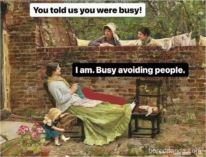 Classical art meme depicting a woman humorously avoiding people in a garden setting.