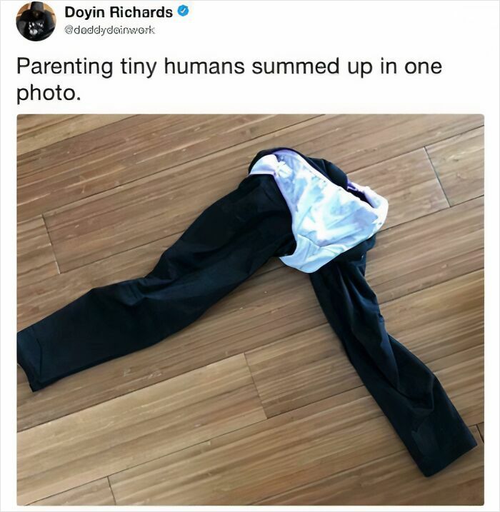 Pants humorously laid out on the floor, capturing the chaos of parenting in a funny meme.