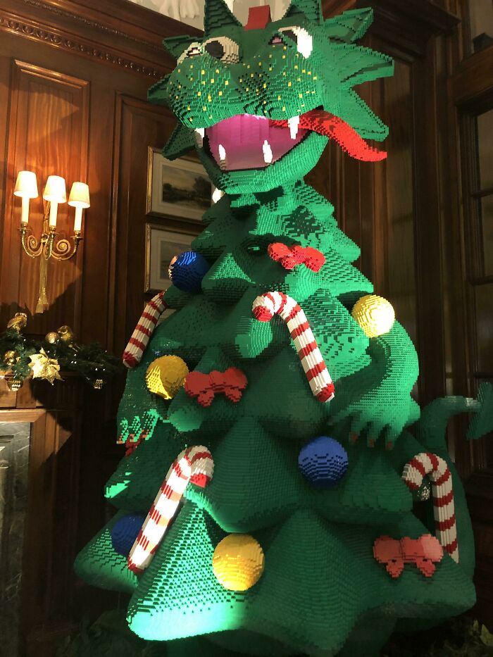 LEGO dragon Christmas tree with candy canes and colorful ornaments, a striking example of cool LEGO builds.