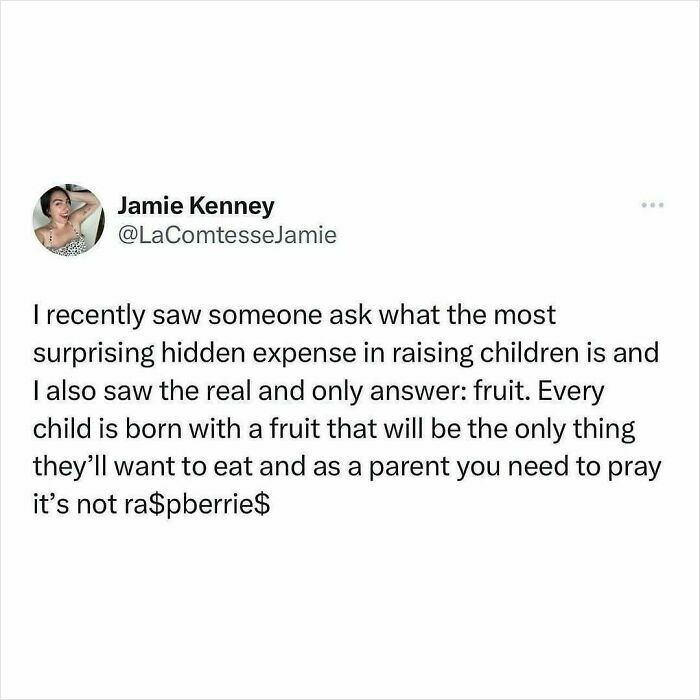 Tweet by Jamie Kenney humorously discusses the hidden expense in raising kids, relating it to buying expensive fruits.