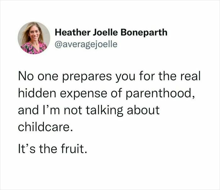 Parenting meme humorously highlights unexpected costs like fruit expenses.