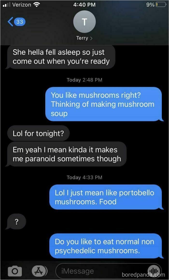 Text conversation humorously discussing mushrooms.