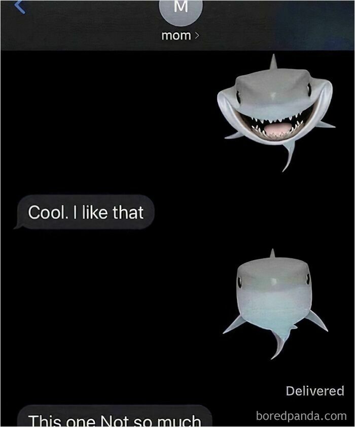 Two shark emojis in a text conversation about their appearance.