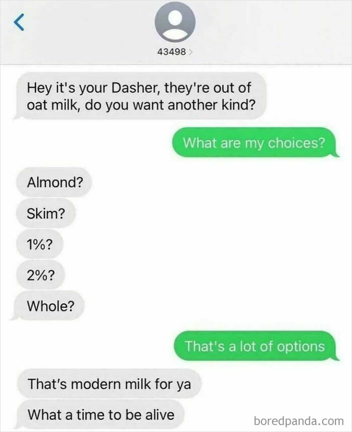 Text exchange about milk choices; humorous dialogue highlighting modern milk options for Best-Texts-Of-2024.