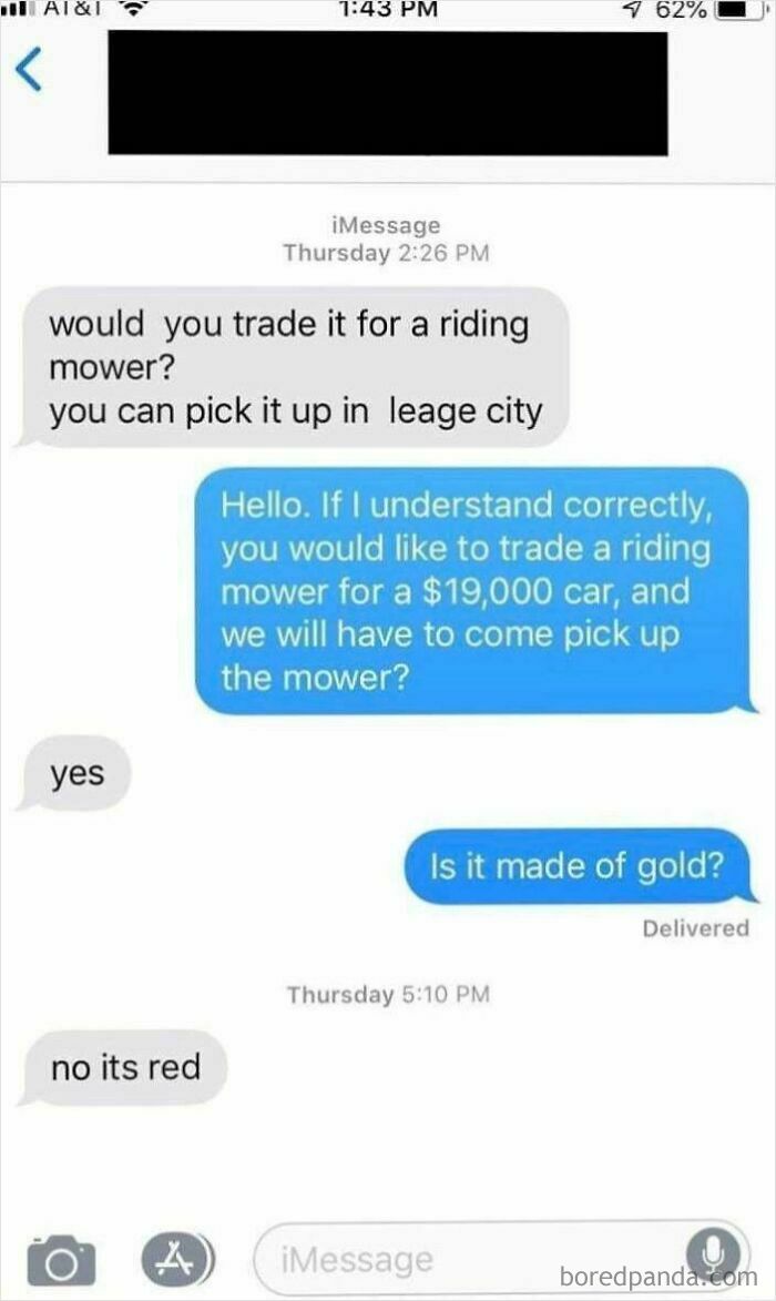 Text message exchange about trading a riding mower for a $19,000 car in "Best Texts of 2024".