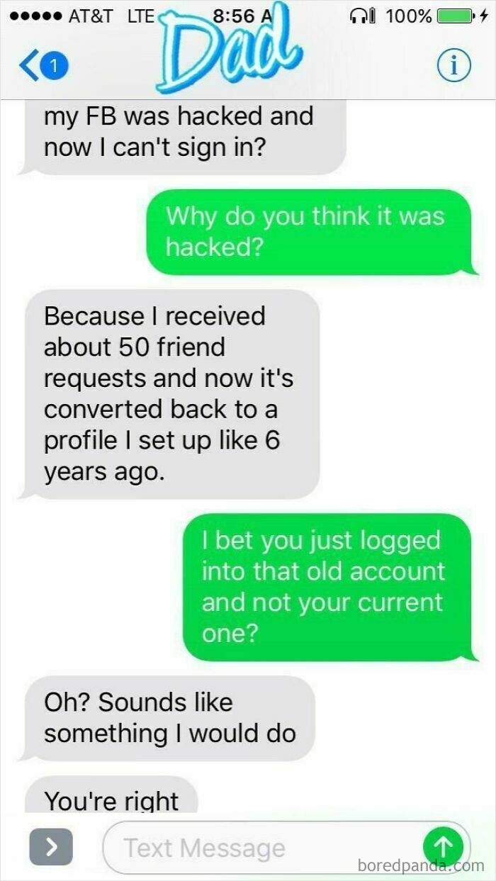 Text exchange about mistaken account login, highlighting tech misunderstanding; part of Best-Texts-Of-2024.