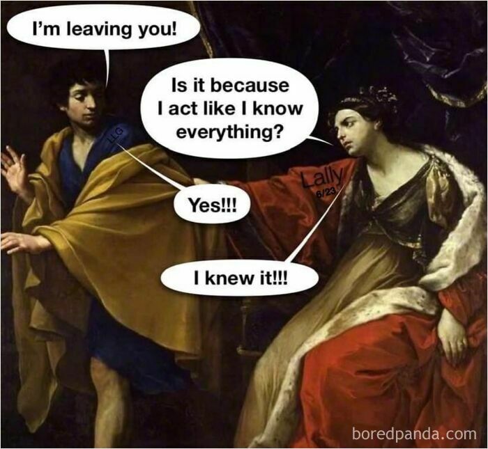 Classical art meme with humorous text exchange about knowing everything.