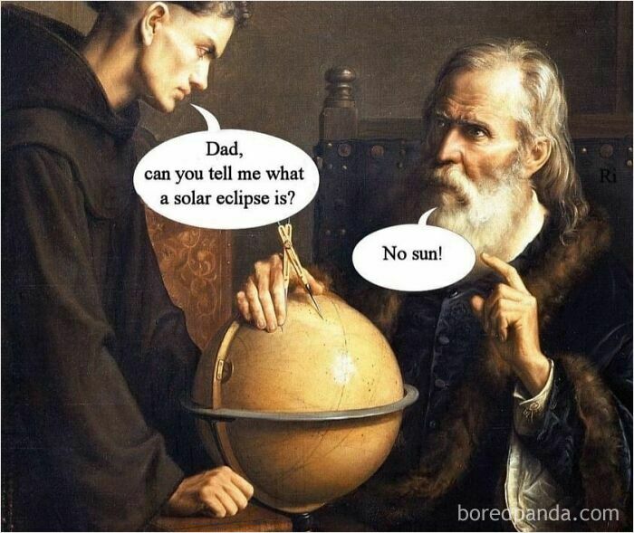 Classical art meme with a globe joke about solar eclipses, combining humor and historical painting style.