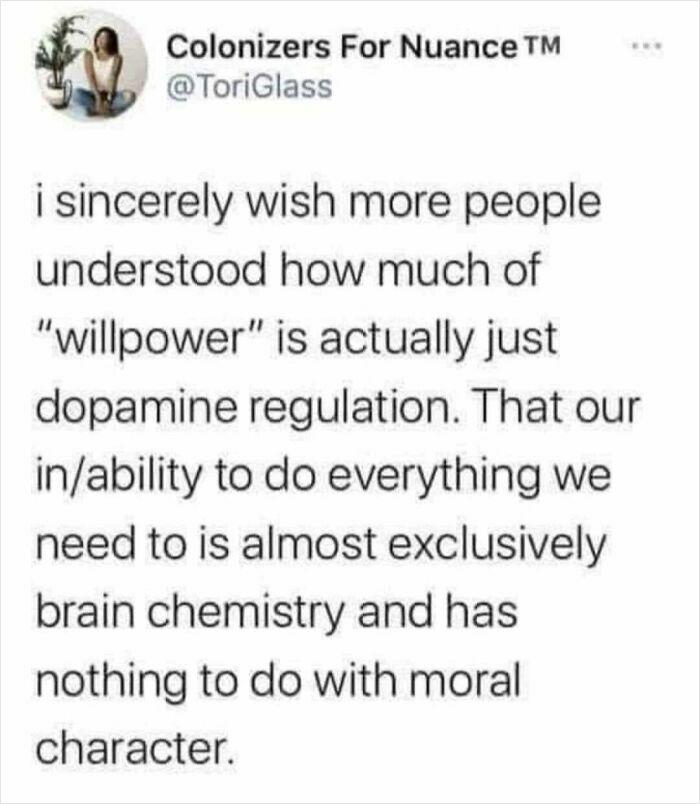 Text meme about willpower and dopamine regulation, addressing brain chemistry in relation to moral character.