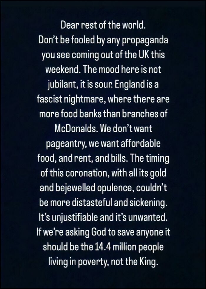 Text expressing discontent about UK's socio-economic issues, highlighting struggles of the 'Lost Generation' with poverty and pageantry.