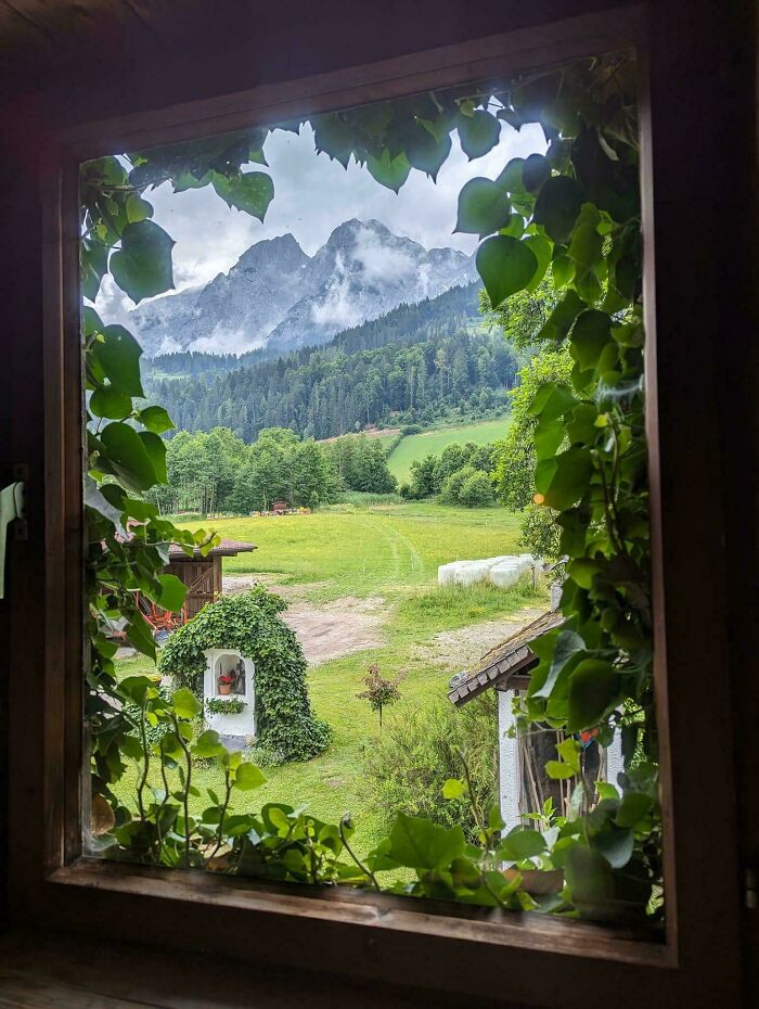 A breathtaking mountain view framed by a window with lush green leaves, showcasing Incredible-World-Photos scenery.