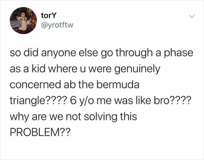 Tweet meme about a childhood concern with the Bermuda Triangle, reflecting a spicy brain's quirky thoughts.