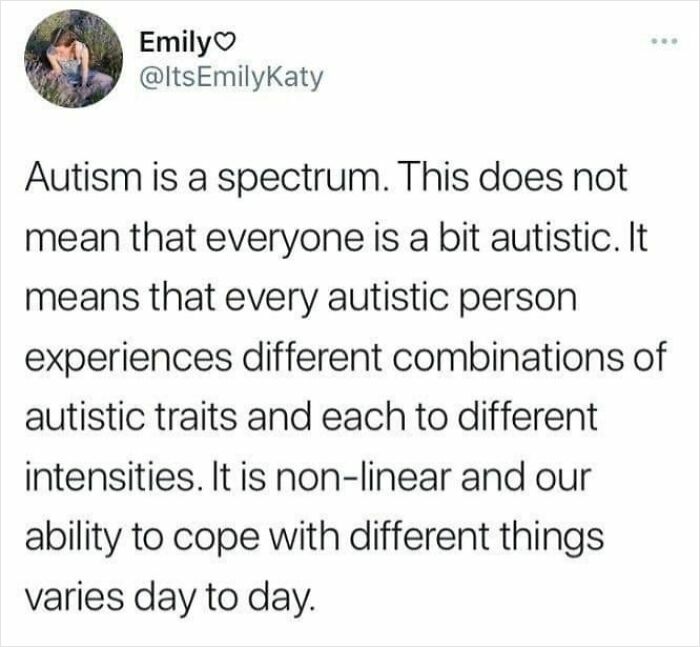 Tweet explaining autism as a spectrum with varying traits and intensities, ideal meme content for a spicy brain.