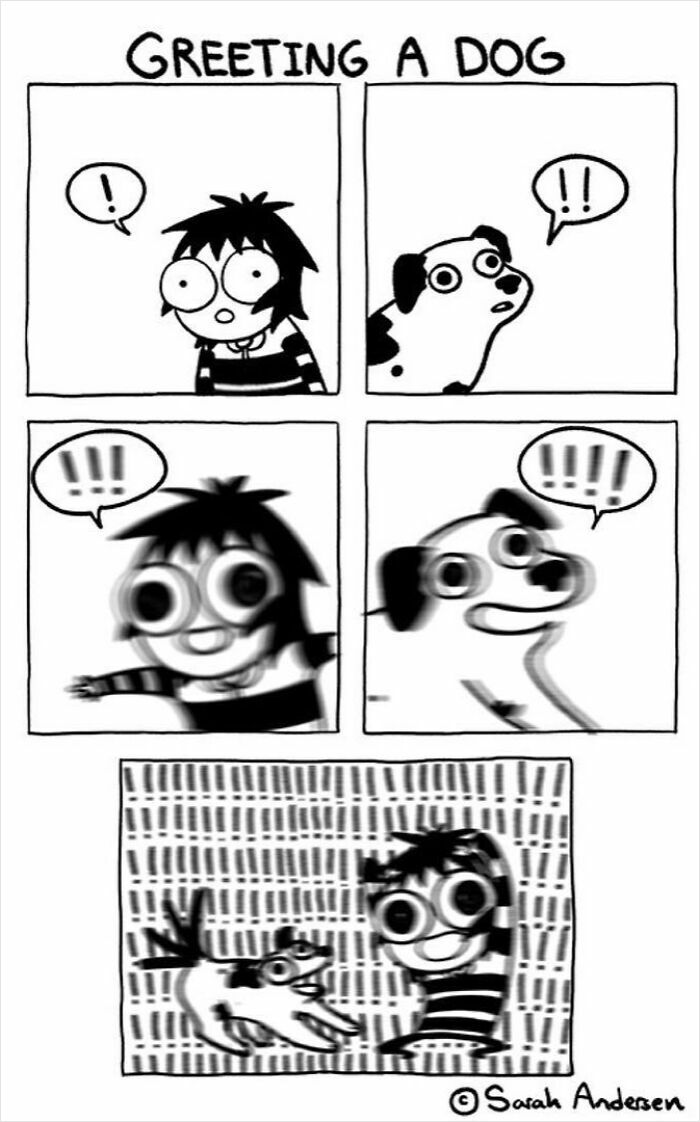 Comic by Sarah Andersen showing the excitement of a person greeting a dog, highlighting differences between cats and dogs.