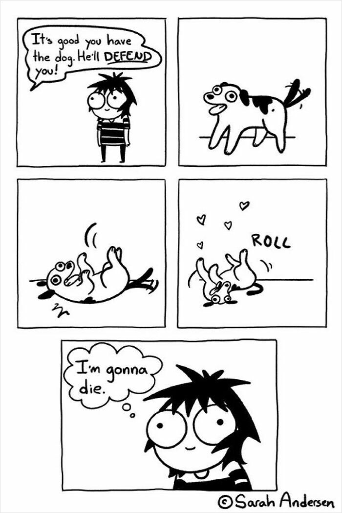 Comic by Sarah Andersen illustrating dog rolling playfully, highlighting differences between cats and dogs humorously.