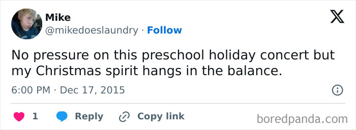 Tweet humorously expressing pressure about a preschool Christmas concert, with a child's Christmas spirit at stake.