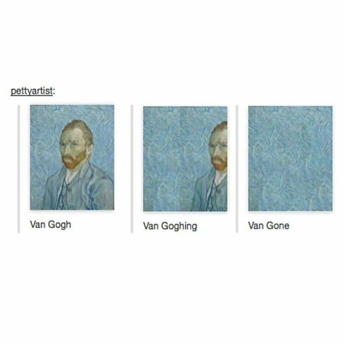 Van Gogh funny meme evolving image sequence: Van Gogh, Van Goghing, Van Gone.