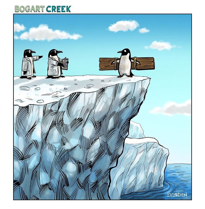 Penguins in lab coats inspect another penguin on an iceberg in a humorous one-panel comic by Derek Evernden.