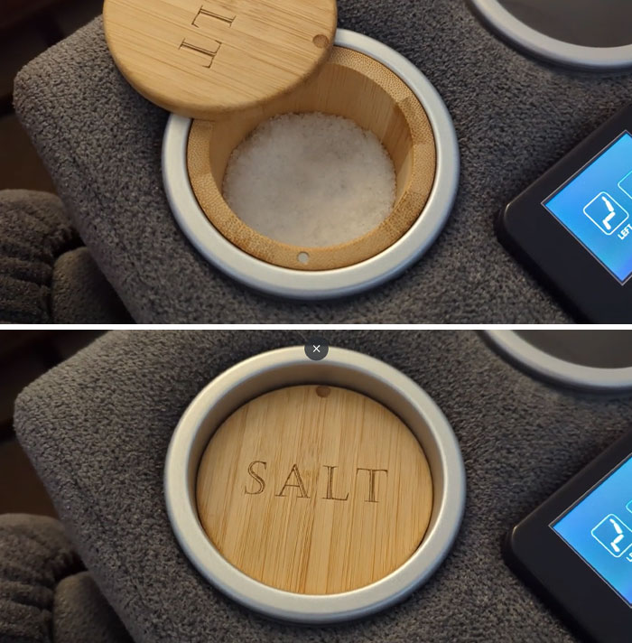 Bamboo lid fitting perfectly into a round container, labeled "SALT," highlighting a satisfying-perfect-fit concept.