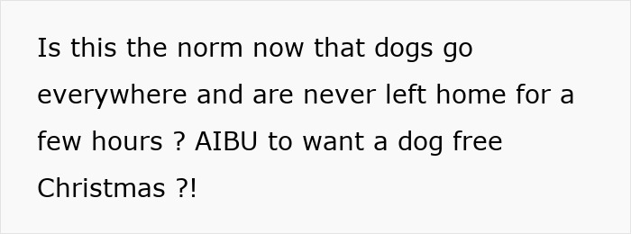 Text about questioning if it's normal for dogs to attend all events. Refers to wanting a dog-free Christmas gathering.